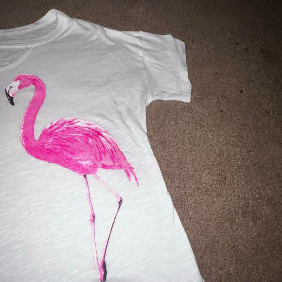 Promesa White Slubbed Tee Pink Flamingos Short Sleeve Cutout Neckline MED USA - Picture 4 of 8